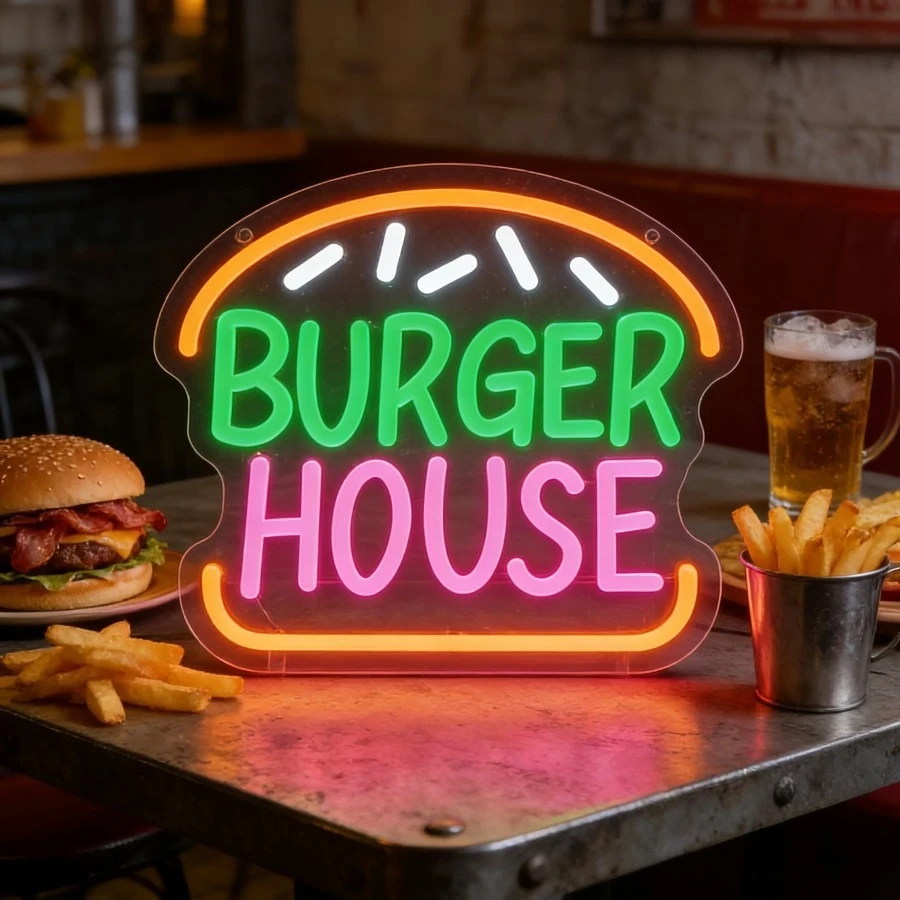 

Неоновая вывеска Burger House, светодиодная неоновая лампа с регулируемой яркостью для ресторанов быстрого питания, баров, кафе, фудтраков, магазинов на вынос, вечеринок, декоративная лампа для стен