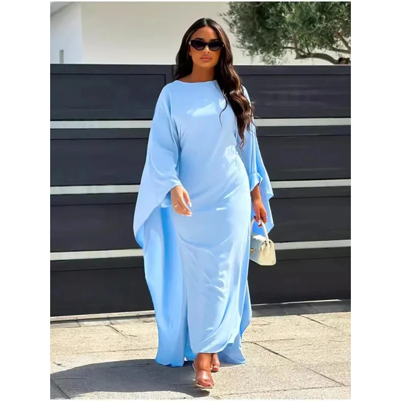 فستان ماكسي فضفاض أنيق للنساء بأكمام عباءة ورقبة مستديرة ملابس خريف وشتاء سادة فساتين طويلة للسيدات غير رسمية أنيقة 2024 L0401