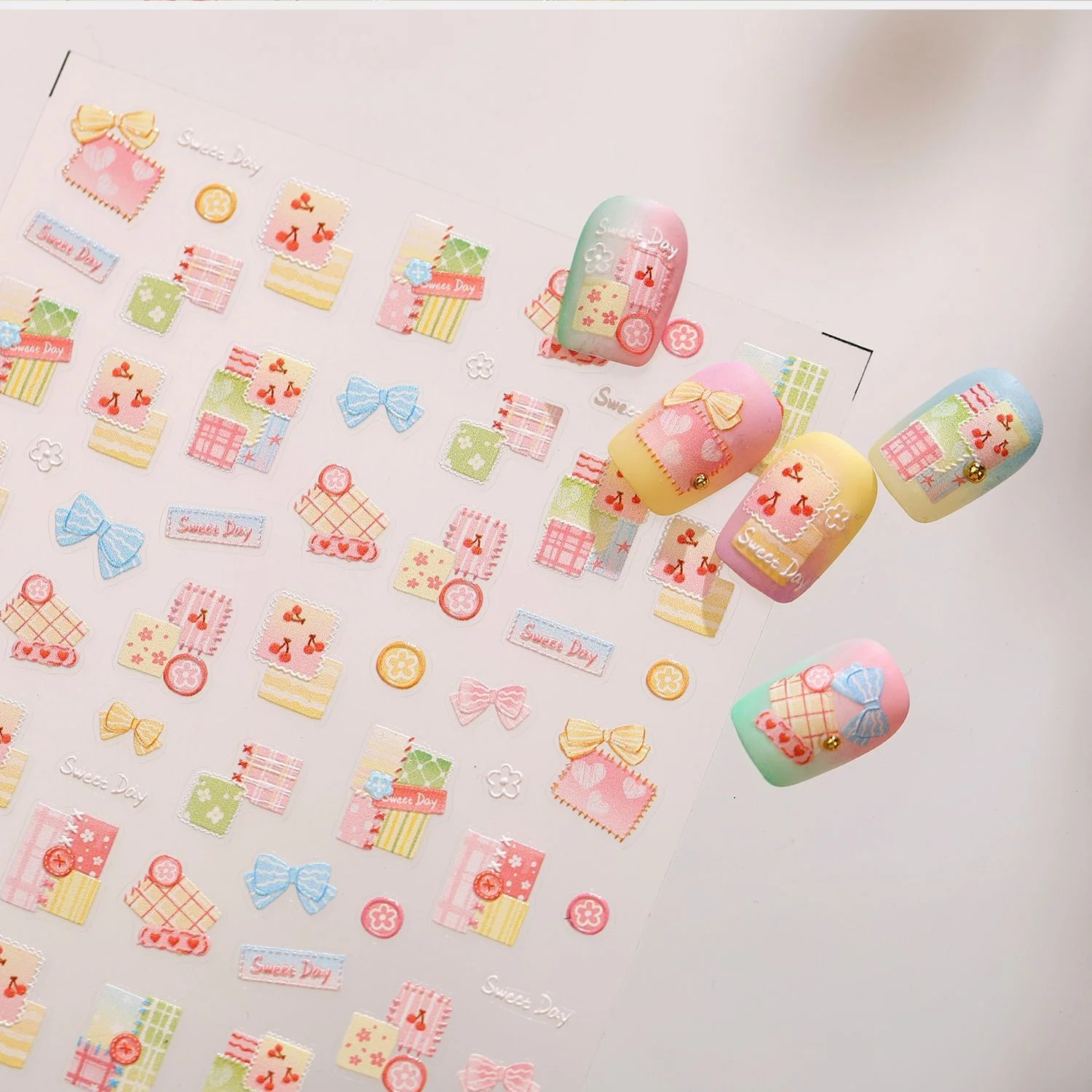 Color Plaid Sticky Note 5D Nail Stickers Cherry Blossom Petal Bow Round Button Decals Cute Childlike Self Adhesive DIY Manicure