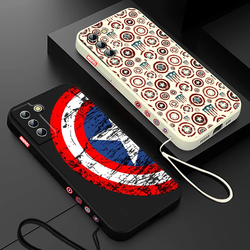 Marvel Captain America Shield Phone Case For Samsung Galaxy S24 S23 S22 S21 S20 Pro FE Plus Ultra Liquid Left Rope Cover