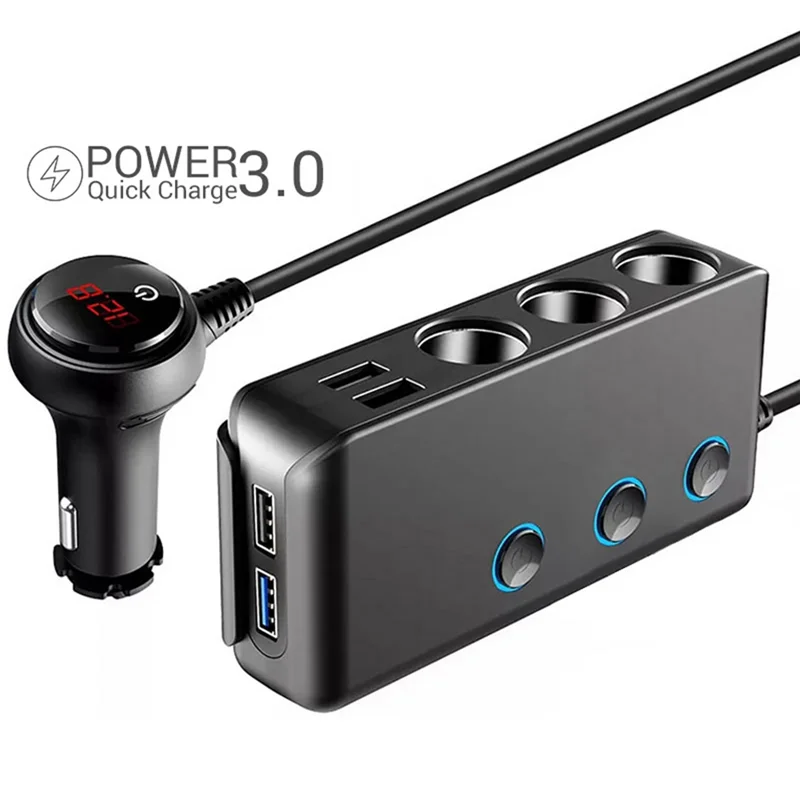 ABFN-Car Charger QC3.0 Fast Charging Cigarette Lighter Adapter Phone Charger With Switch Voltage Display