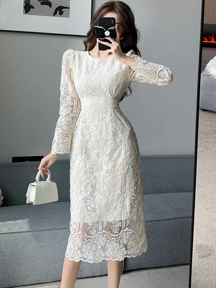 Temperament Fashion Design For Women Lace Embroidery Bodycon Dresses Lady O-Neck Long Sleeve Casual Belt OL Party Dress Vestidos