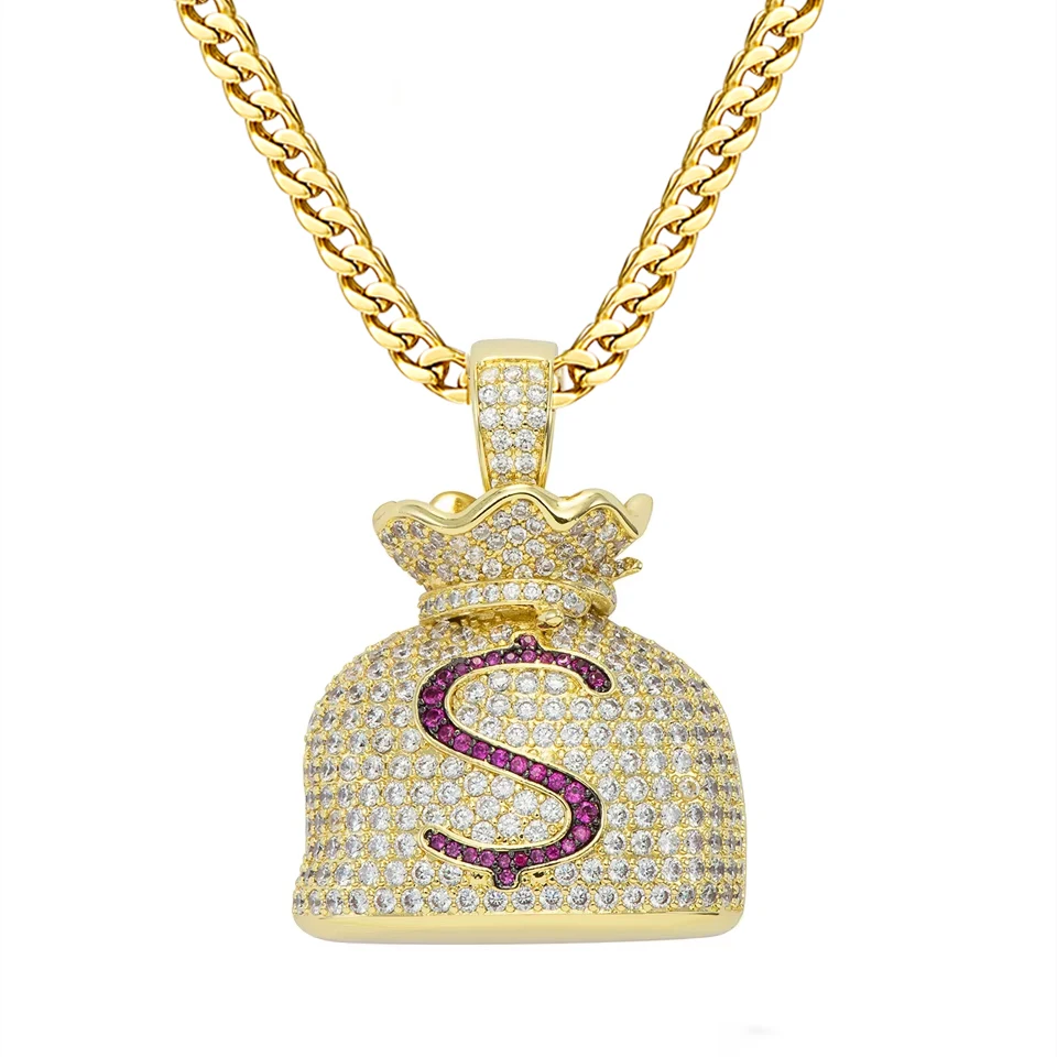 

VANAXIN Iced Out Dollar Money Bag Pendant Necklace Shiny CZ Zircon Men Women Hip Hop Jewelry High Quality Gold Color