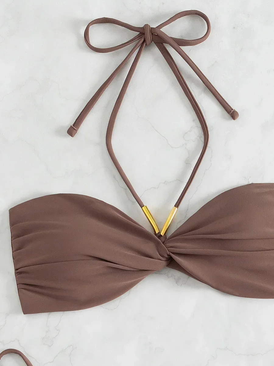 XS - L Halter Wrinkled Bandeau Bikini Female Swimsuit Women Swimwear Two-pieces Bikini Set High Cut Bather Bathing Suit Swim