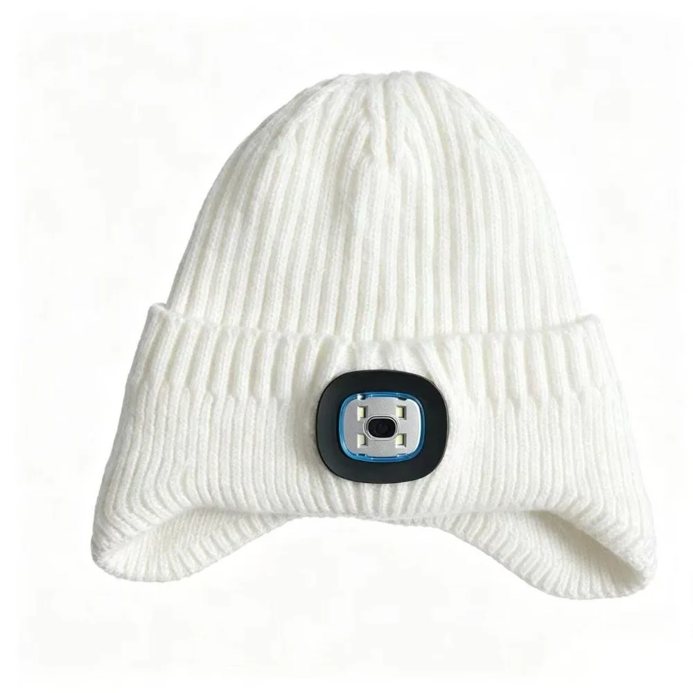 Rechargeable LED Light Beanie Three Brightness Levels White LED Light Lighted Beanie Hat Warm and Elastic Knitted