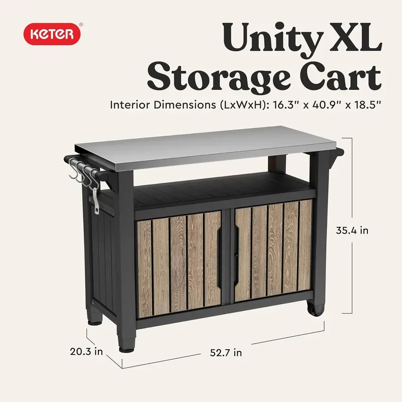 Unity XL Outdoor Entertainment Cart with Wood Look Finish 78 Gallon Patio Storage Cabinet Food Prep Station Stainless Steel