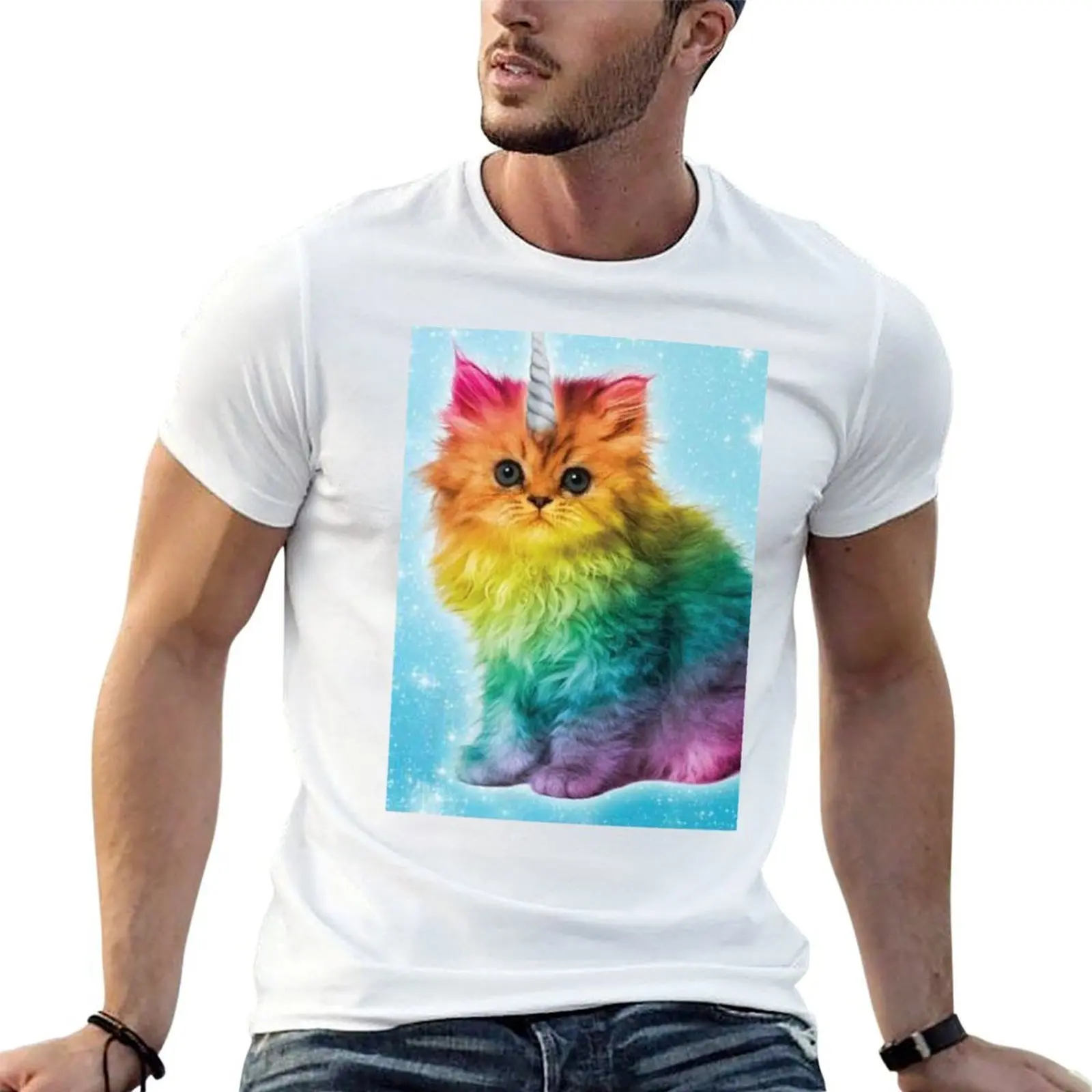Unicorn Rainbow Cat Kitten T-Shirt topping oversized graphic tee mens big and tall t shirts