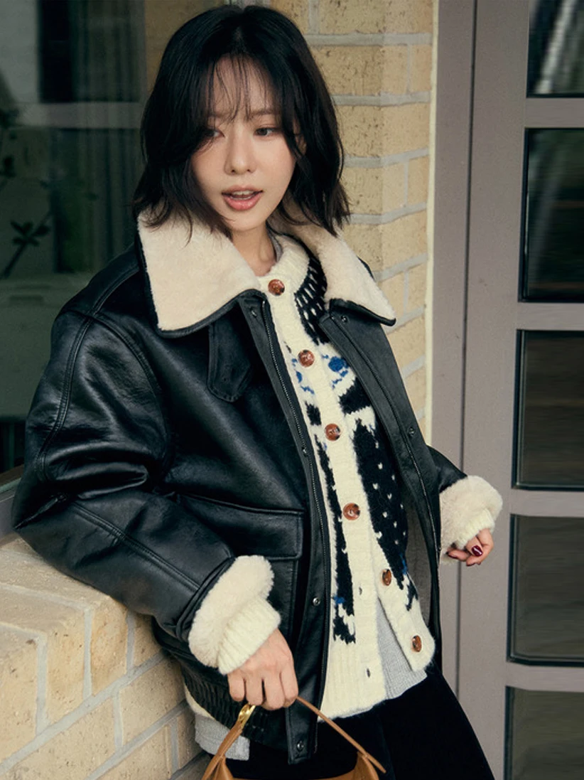 Thiened Fce gefüttert Retro Chic Motorrad Jaet Damen Hong Kong SLE PU Ledermantel Wärme Kragen Design Winter Außen...