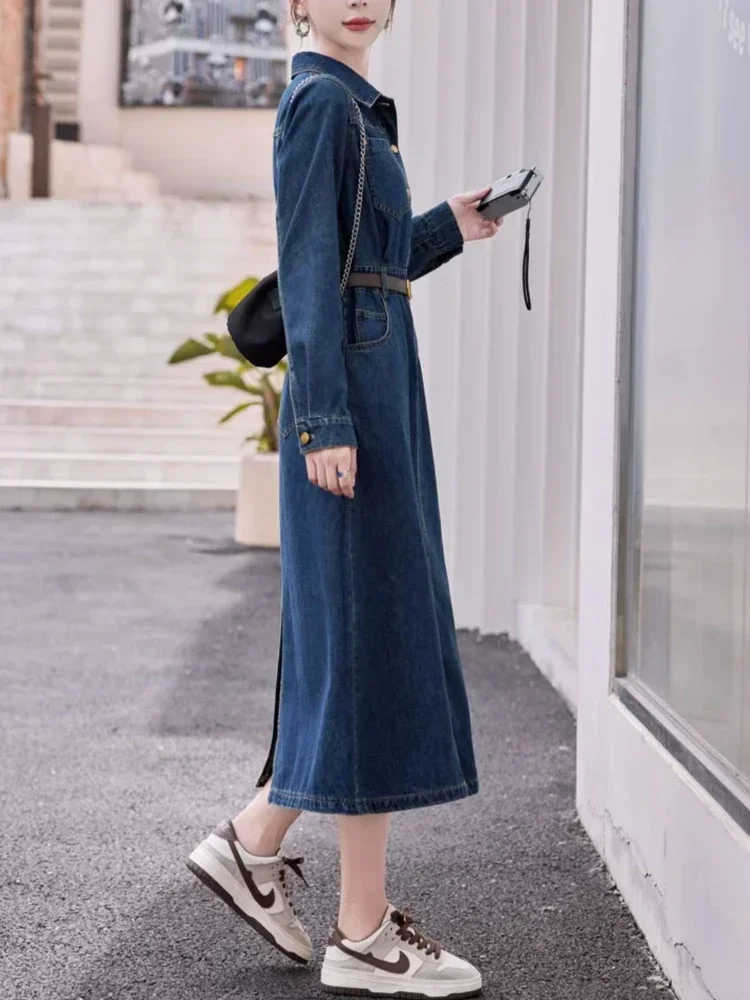 2024 Autumn Winter Casual Women Lapel Single Breasted Denim Dress Vintage Lady Empire Slim A-line Midi Dress with Belt