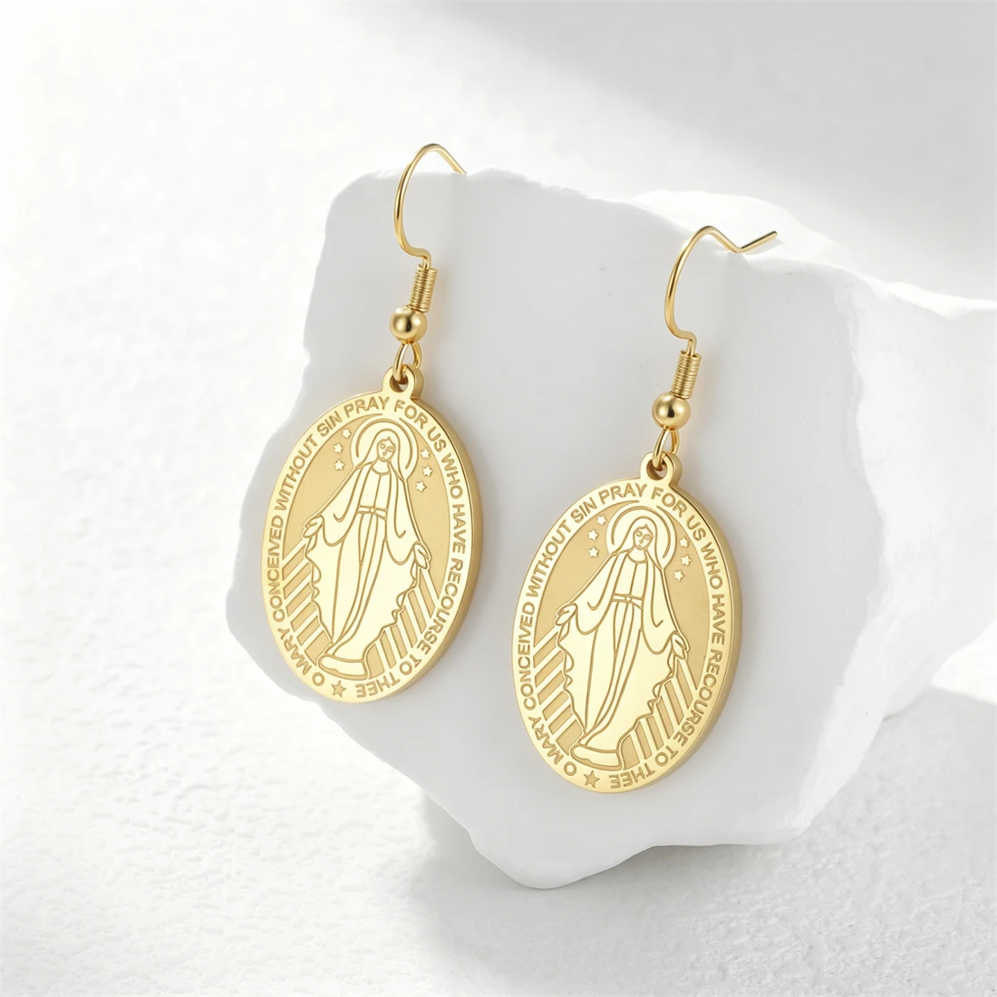 Eueavan Jungfrau Maria Tropfenohrringe aus Edelstahl, doppelseitige Stern-Kreuz-Ohrringe für Frauen, katholisches Amulett, Schmuck, Geschenk – Detail 8