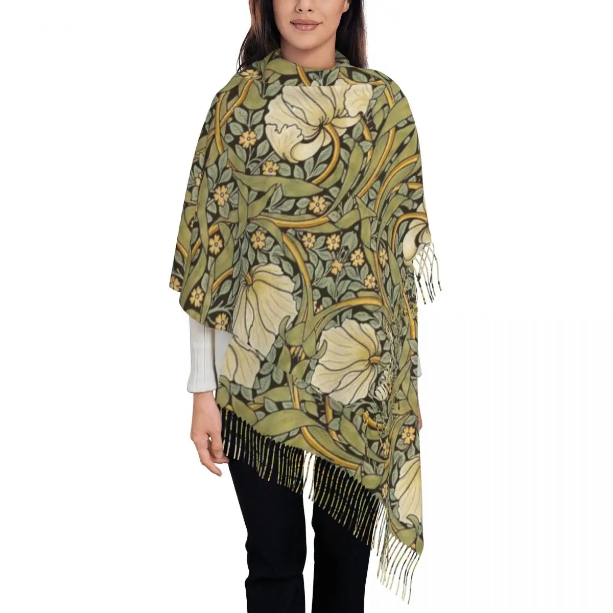 

William Morris Pimpernel Tassel Scarf Women Soft Floral Textile Pattern Shawls Wraps Ladies Winter Fall Scarves