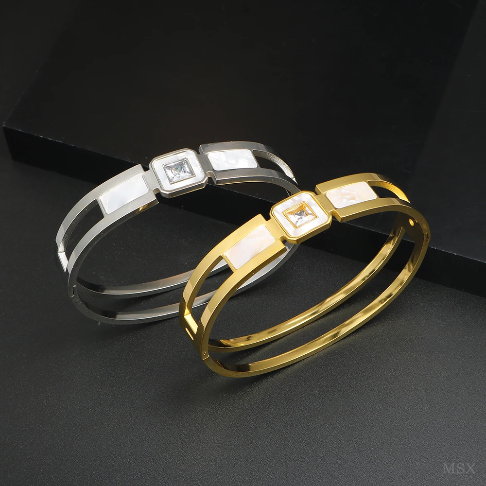 

JOVO LOVE 12mm Wide Bangle Hollow Square Charm White Shell Crystal Bracelet For Women Stainless Steel Fashion Jewelry Gift 2024