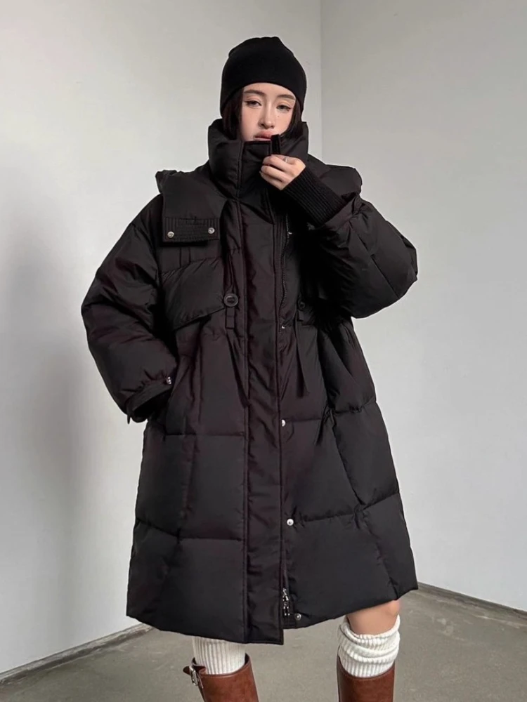 2025 Winter New Long Windproof Down Jacket Women Loose Korean Style Loose Over-The-Knee Parkas Hooded Warm Thickened Coat Lady