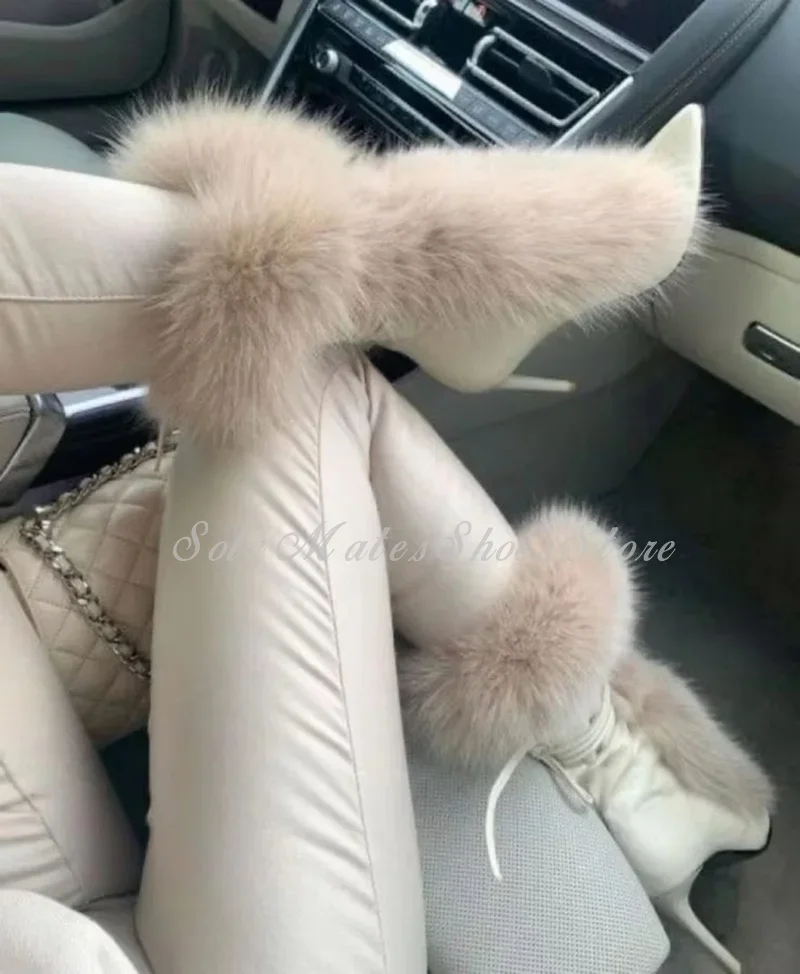 펑크 스타일 베이지색 포인티드 토 리얼 퍼 모던 부츠 레이스업 스틸레토 하이힐 섹시 스노우 부츠 여성용 우아한 미드 카프 부츠