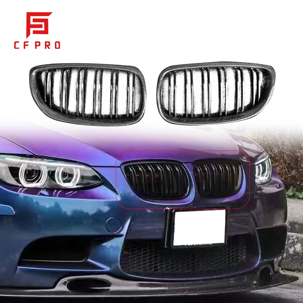 Carbon Fiber Car Grill Double Line Air Intake Grille For BMW 3 Series E92 Front Bumper Finished Grille Accessories