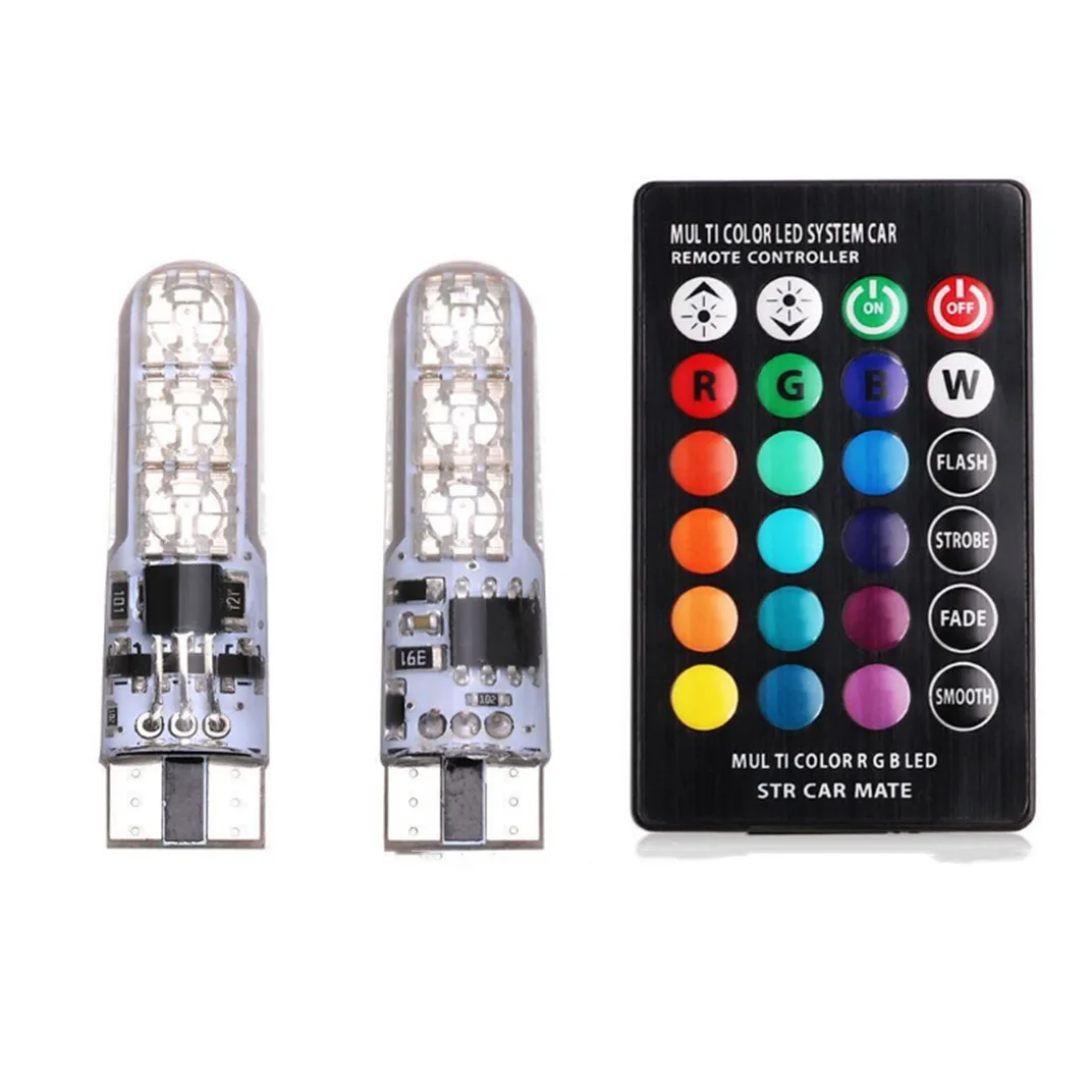 2PCS/set RGB T10 W5W Led 194 168 W5W 5050 SMD Car Dome Reading Light Automobiles Wedge Lamp RGB LED Bulb With Remote Controller
