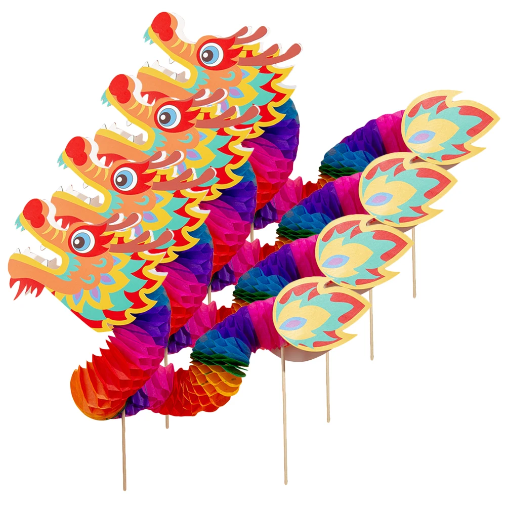

4pcs Chinese New Year 3D Paper Dragon Decorations Diy Handheld Photo Props Spring Festival Party Ornament For Home Decor Game