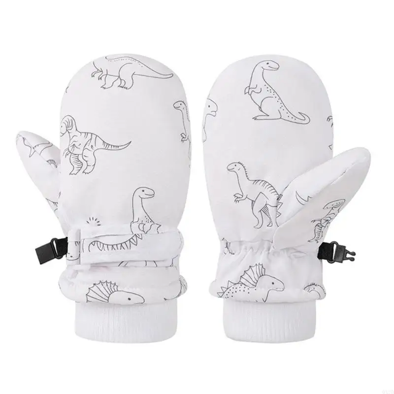 QX2D Thermal Mitts Gloves Kid Ski Gloves Splashproof Mittens Windproof Children Winter Snow Gloves Printed Dinosaur Pattern