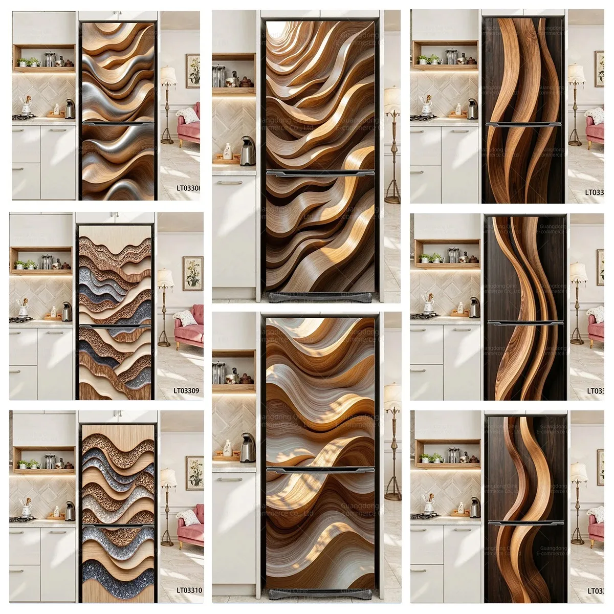 

3D Wavy Wood Grain Refrigerator Door Sticker Waterproof Self-Adhesive Fridge Mural Wrap for Kitchen Home Decor