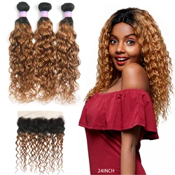 Mèches Brésiliennes Remy Ondulées avec Closure, Extensions de Cheveux 100% Naturels, Brun Ombré, Lots de 3