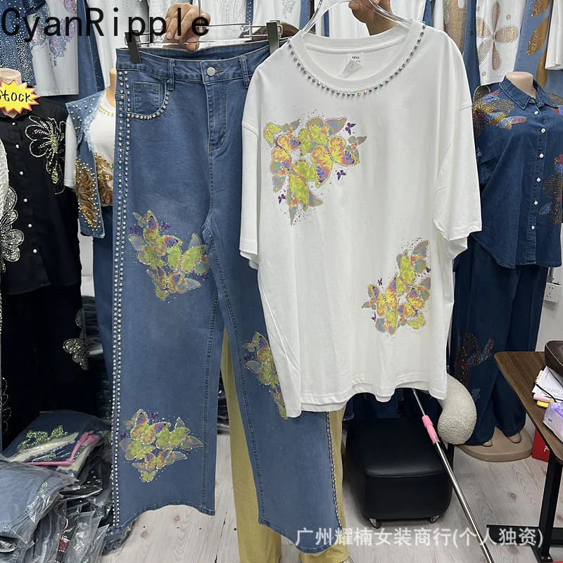 New Spring Summer Women Two-piece Set Hot Diamonds Butterfly Printed Loose Short Sleeve T-shirt Top + High Waist Straight Jeans