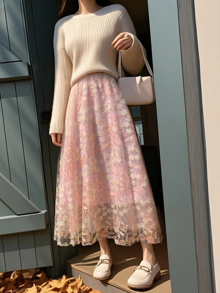 

French Vintage Women's Pink Green Beige Flower Embroidered Mesh Long Skirt Summer High Waist Pleated Skirts Bohemian Streetwear
