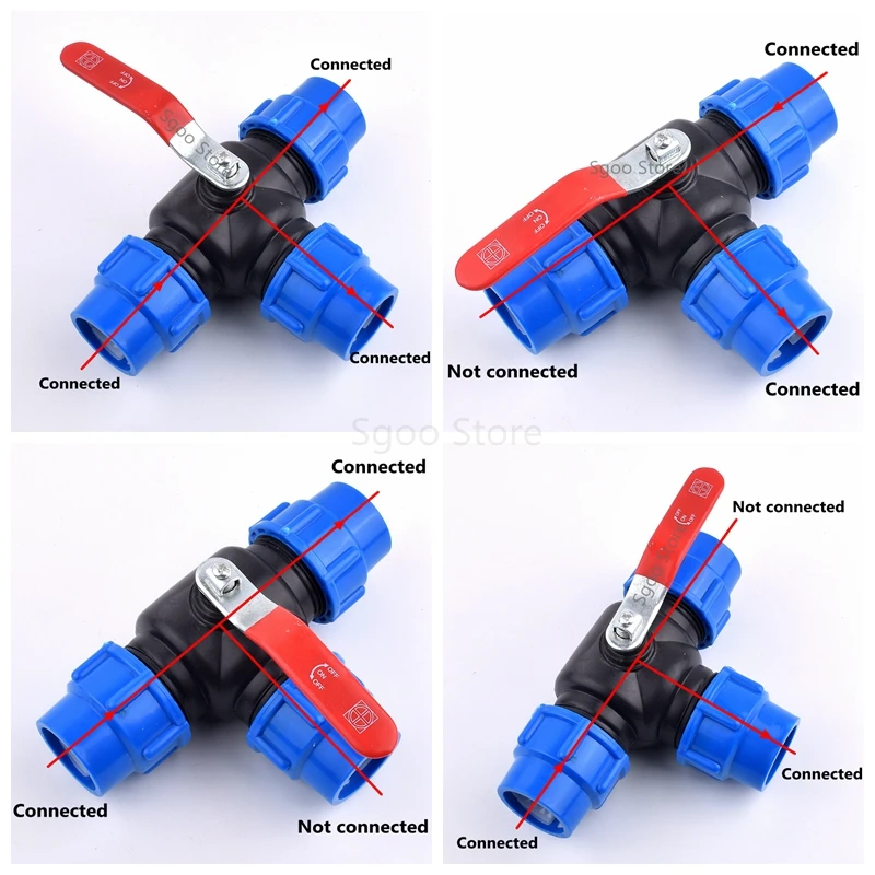 I.D 25 32 40 50mm PPR PVC PE Water Pipe 3-way Steel core Ball Valve Quick Connector T-Type Valve Garden Agricultural Accessorie