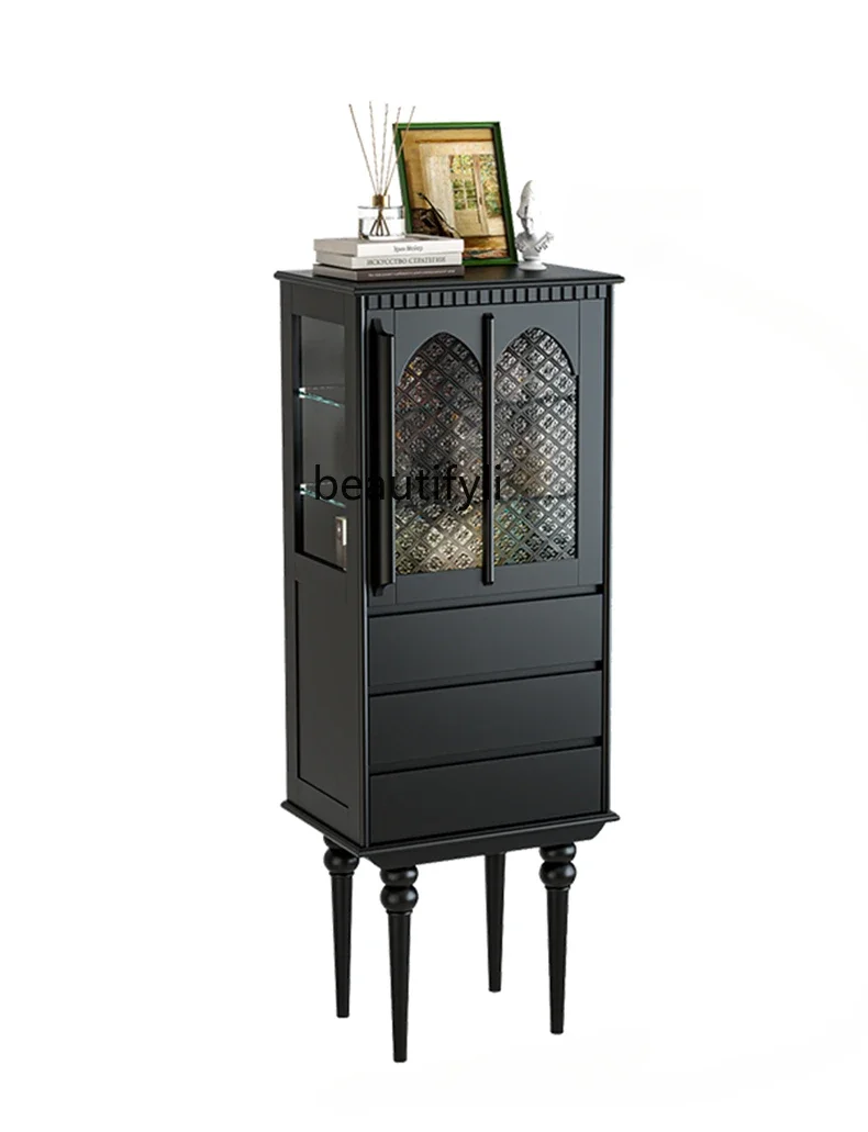 

AFrench Retro Solid Wood Sideboard Glass Door Storage Wine Cabinet Living Room Display Floor Storage Cabinet