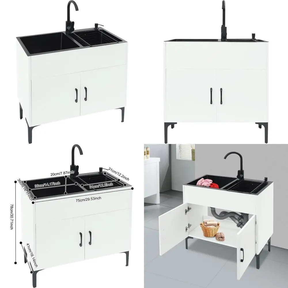 

Stainless Steel 30 Inch Laundry Sink with Cabinet and Faucet - Freestanding White Utility Sink for Home Efficiency