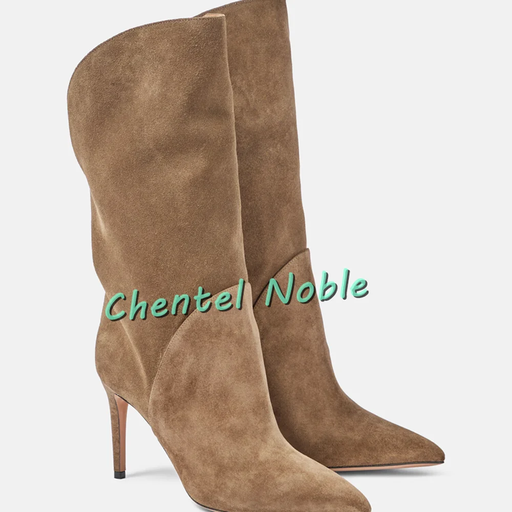 Coffee Suede Mid-calf Women Boots Pointed Toe Thin High Heels Solid Women Stilettos Slip-on Winter Autumn 2025 New Arrivals