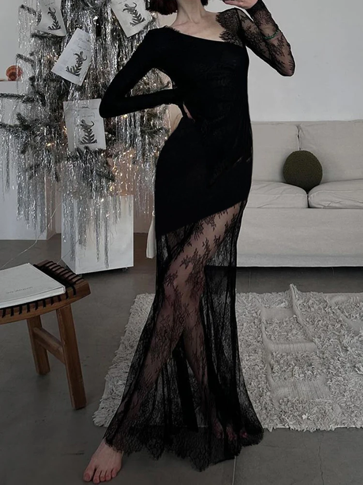 Rockmore Elegant Patchwork Lace Sheer Bodycon Dress Women Asymmetrical Neck Long Sleeve Maxi Dresses for Party Club Dating Wear