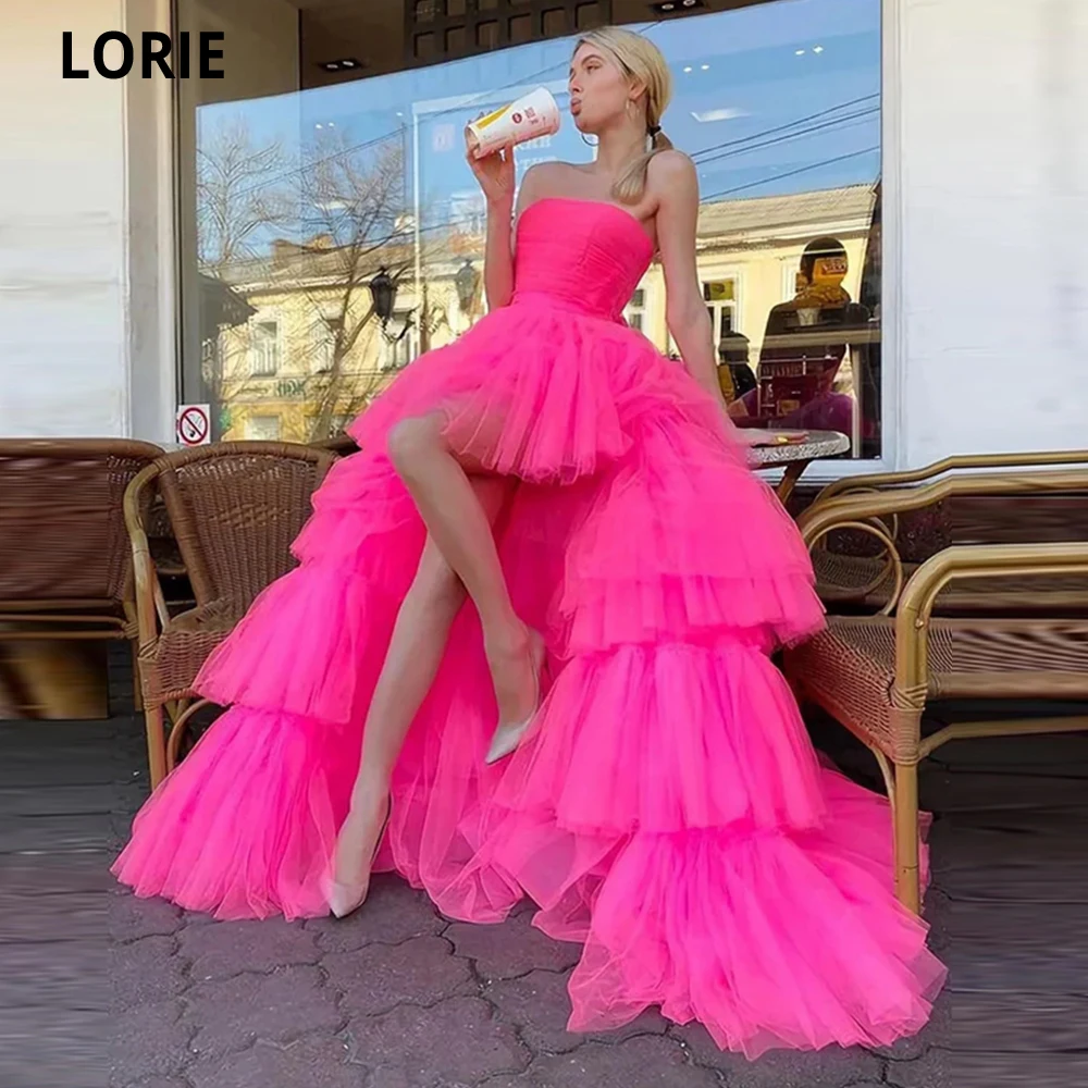 LORIE Elegant Fuchsia Prom Dress High Low Back Lace-up Tiered Tulle Evening Gowns Party Graduation Dresses Vestido De Noche