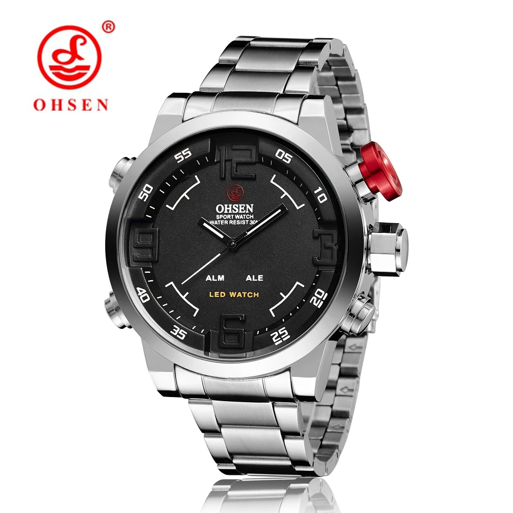 OHSEN Digital Quartz Men Watches relogio masculino Big Dial 30M Waterproof Fashion Military Watch LED Steel Wristwatch Clocks