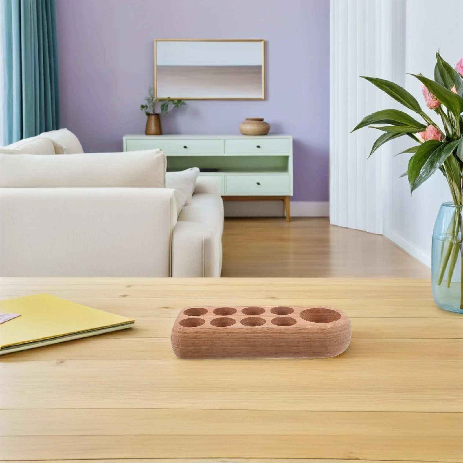 رف تخزين الزيوت العطرية من الخشب الصلب مكون من 9 فتحات منظم لزجاجات العطور وطلاء الأظافر للاستخدام المنزلي والمكتب