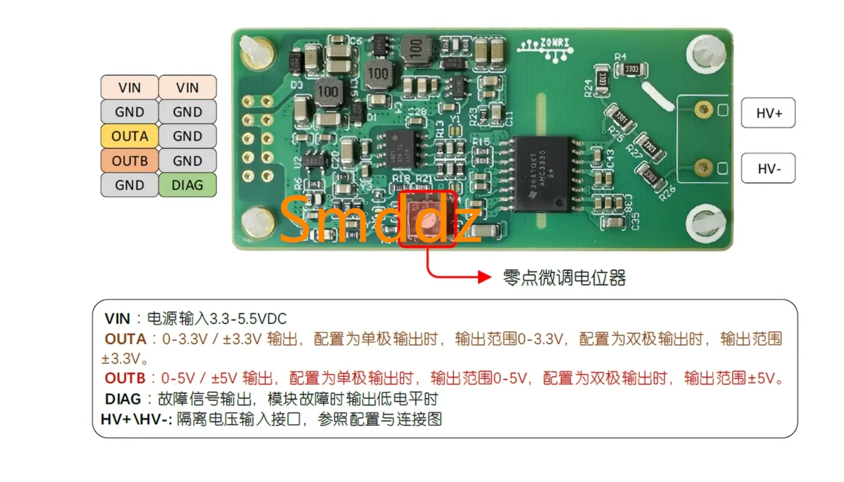 1 piece, AMC3330 high-performance voltage signal isolation module/400V input/single and bipolar output/adjustable zero point