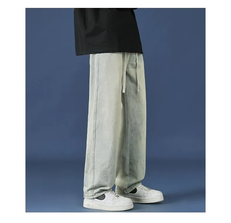 アメリカンスレ マッドカラー レディースジーンズ 2024年春新作 エラスティックウエスト ドローストリング カジュアル ワイドレッグ ストレート ハイストリートパンツ