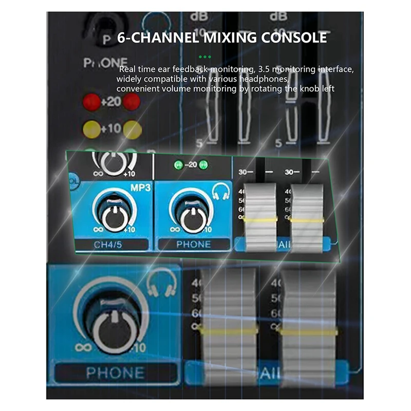 Mixer multifunzione piccolo AB09-6 canali per spettacoli teatrali, trasmissione in diretta karaoke, con mixer USB Bluetooth