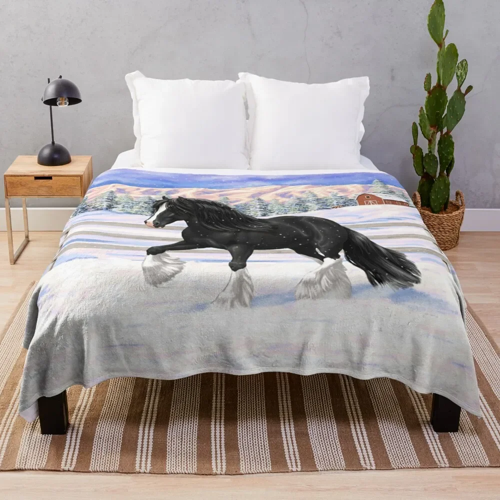 

Black & White Gypsy Vanner Draft Horse In Snow Throw Blanket Wrinkle Resistant Lightweight Blanket