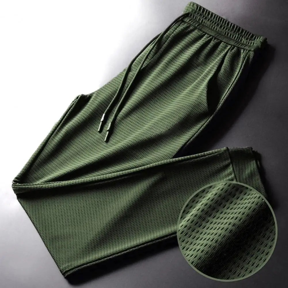 Men Pants Ice Silk Mesh Feather Print Drawstring Summer Quick Dry Pockets Sports Pants for Daily Wear