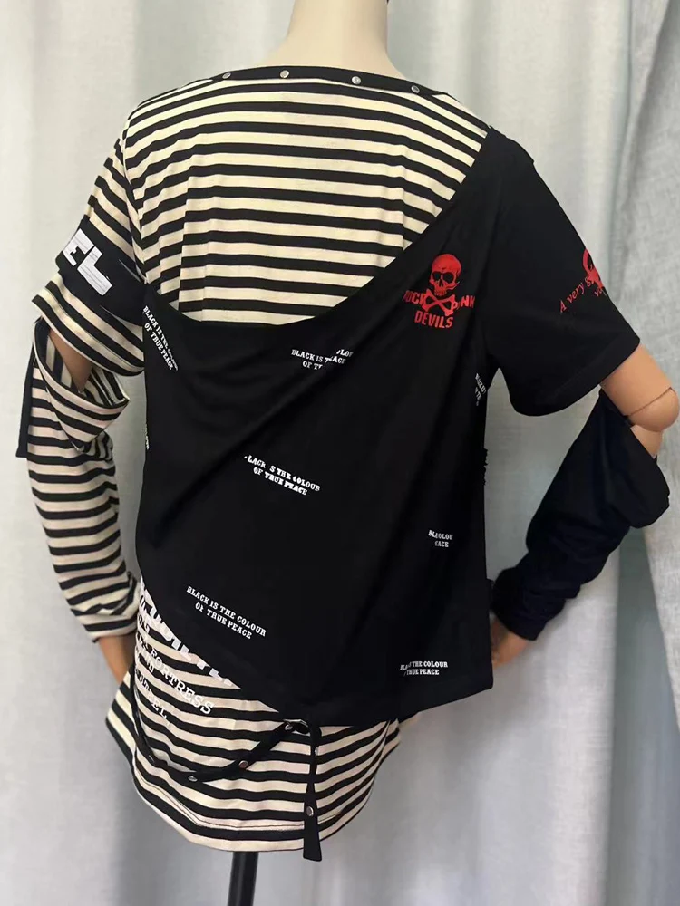 2025 giapponese y2k a maniche lunghe con catena di rivetti Top Kill Matt Rock Punk Abbigliamento da uomo T-shirt a righe con teschio Rivetti visivi