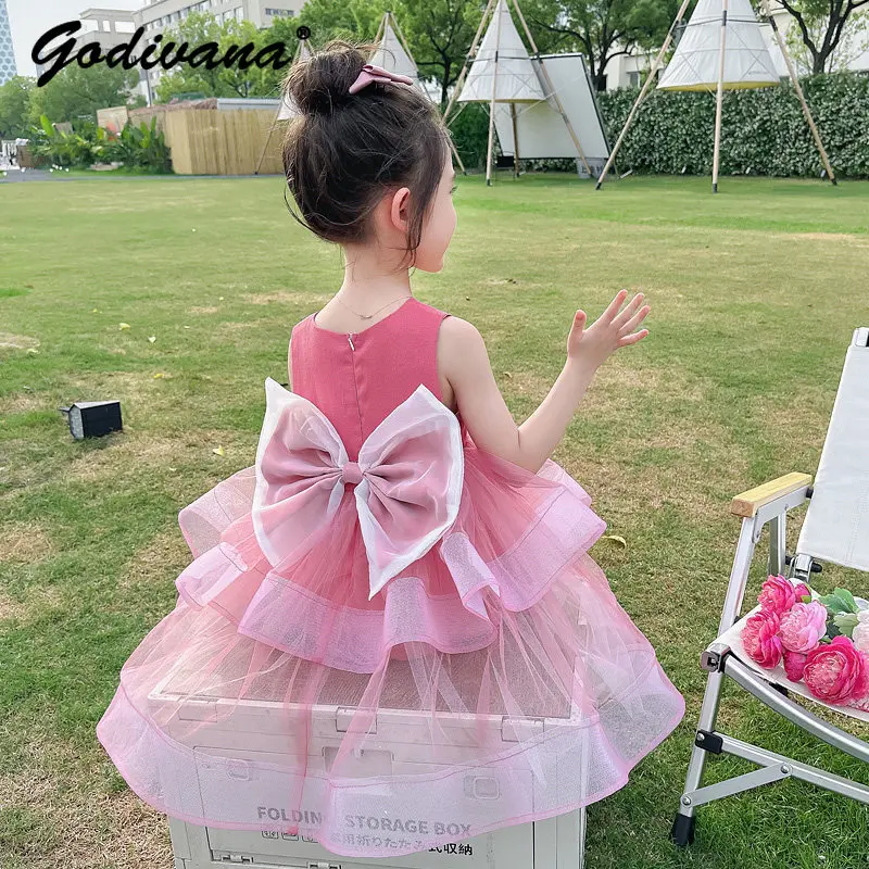 

Sweet and Cute Baby Girls Summer 2026 New Tulle Princess Dress Kids Fashion Sleeveless O-neck Bow Train Tutu Pink Birthday Gown