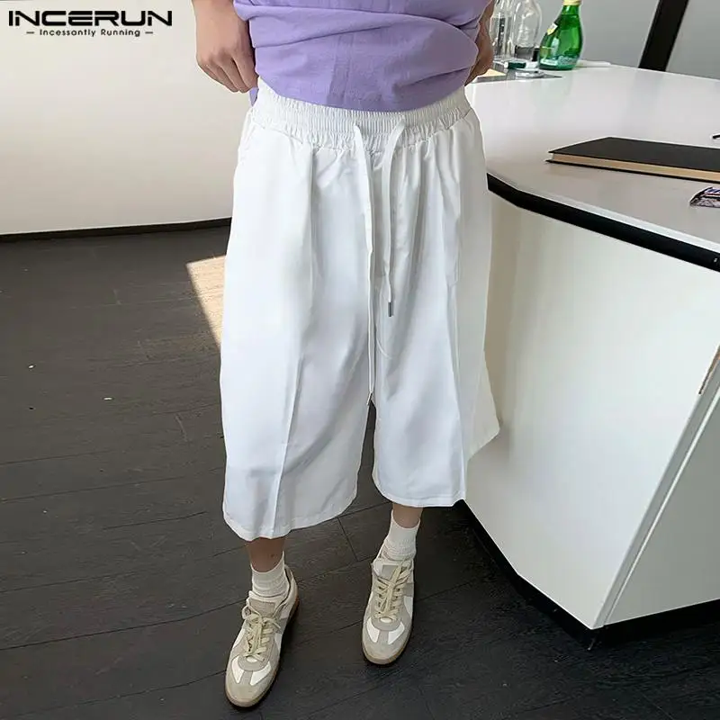 INCERUN 2024 Men\'s Shorts Solid Color Loose Drawstring Korean Style Fashion Casual Men Bottoms Streetwear Leisure Shorts S-5XL