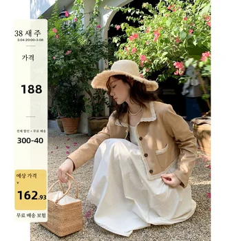 안녕하세요 카농 달콤한 시원한 스타일 스웨이드 패치 워크 가장자리 짧은 코트 여성 봄 2024 새로운 작은 기질 탑
