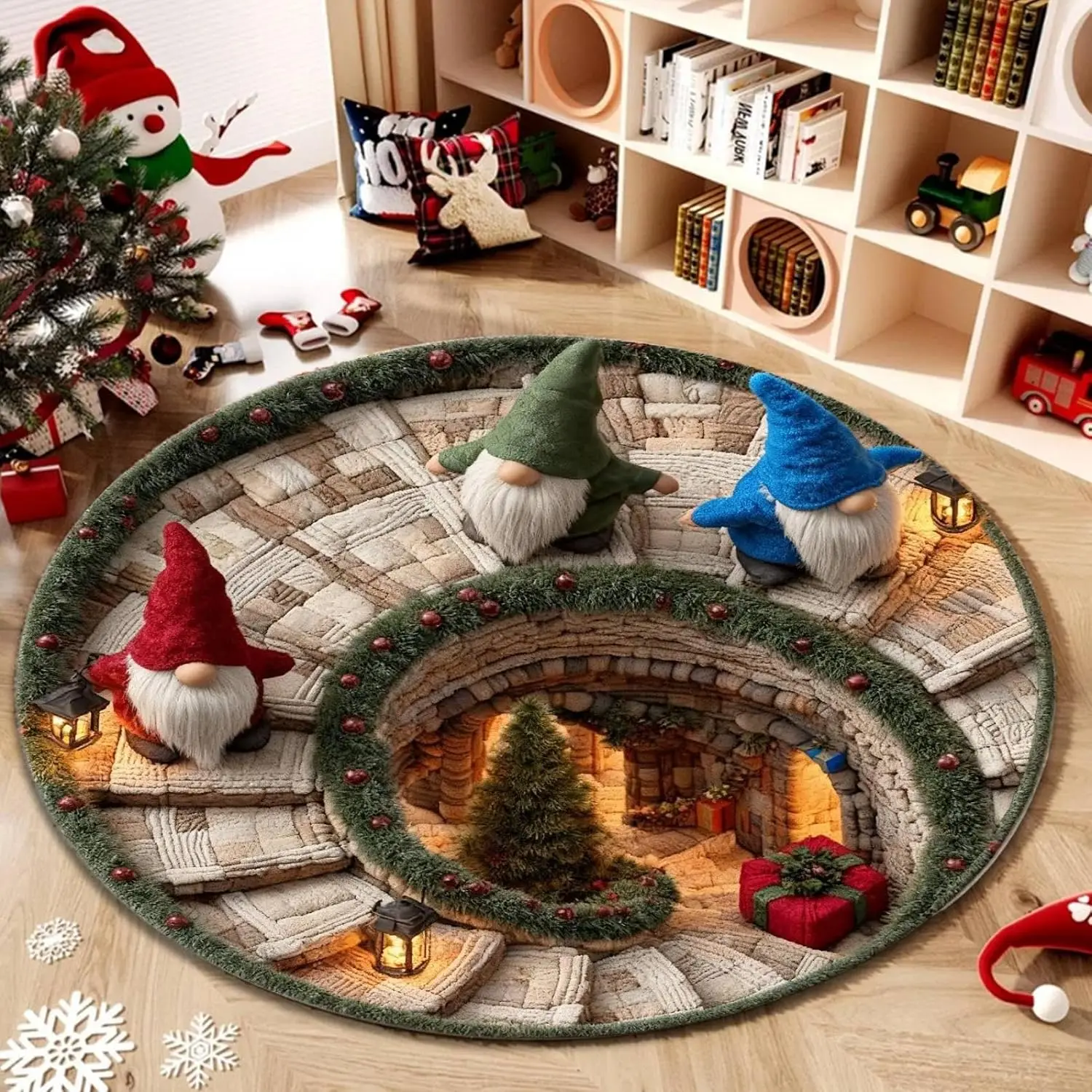 Plush Gnome Christmas Forest Round Rug Area Mat Cozy Woodland Holiday Polyester Floor Carpet Gift for Xmas Seasonal Decor Living