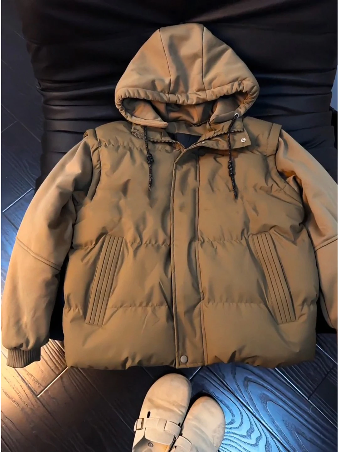 

Barn Style Men's Thickened Cotton Jacket Coat with Hood Winter Warm Detachable Zipper Closure Pure Color Casual Outerwear