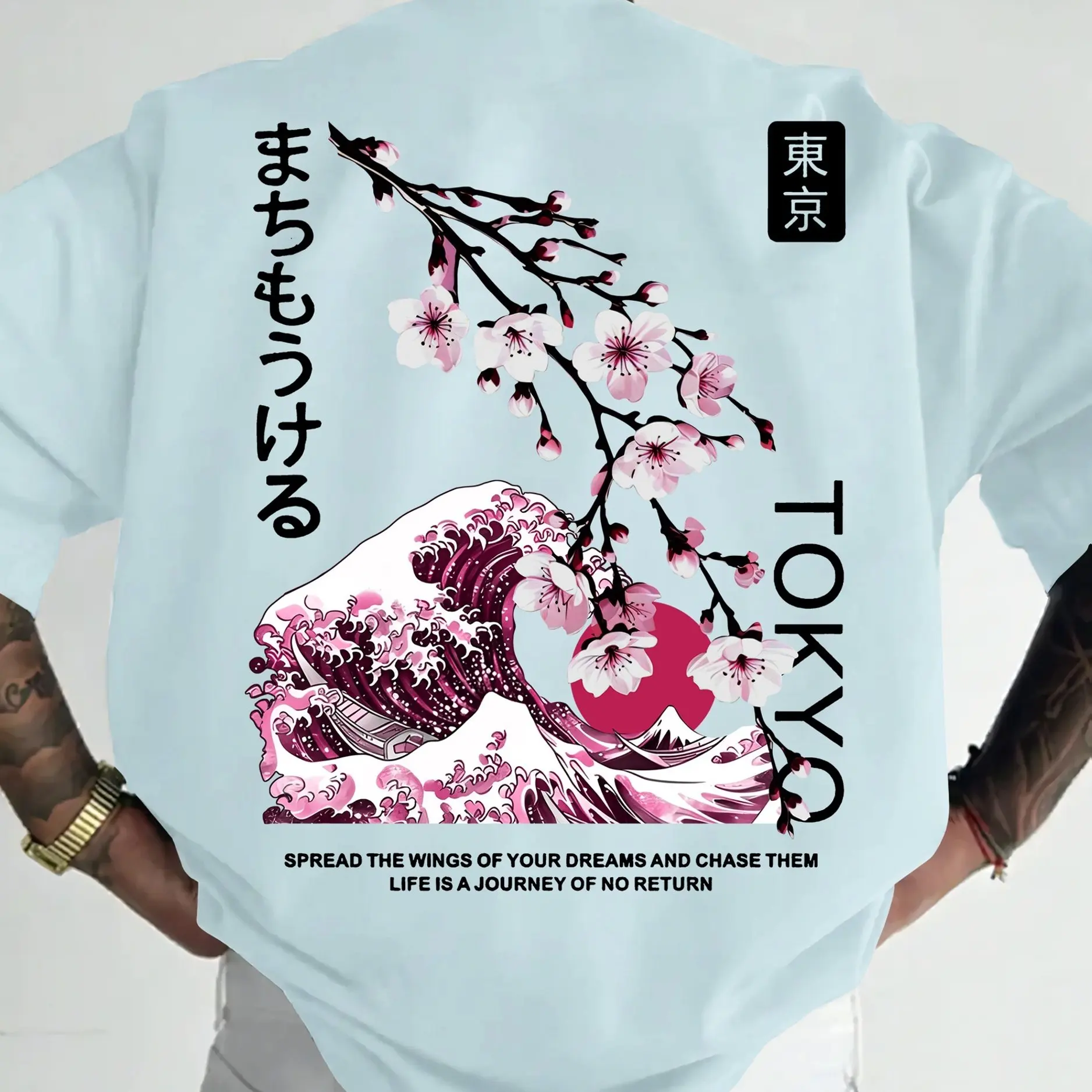 Herren-T-Shirt im Harajuku-Stil mit „Tokyo“-Kirschblüten- und Kanagawa-Muster, weich und atmungsaktiv, 100 % reine Baumwolle, Sommer-Oberteil – Detail 6