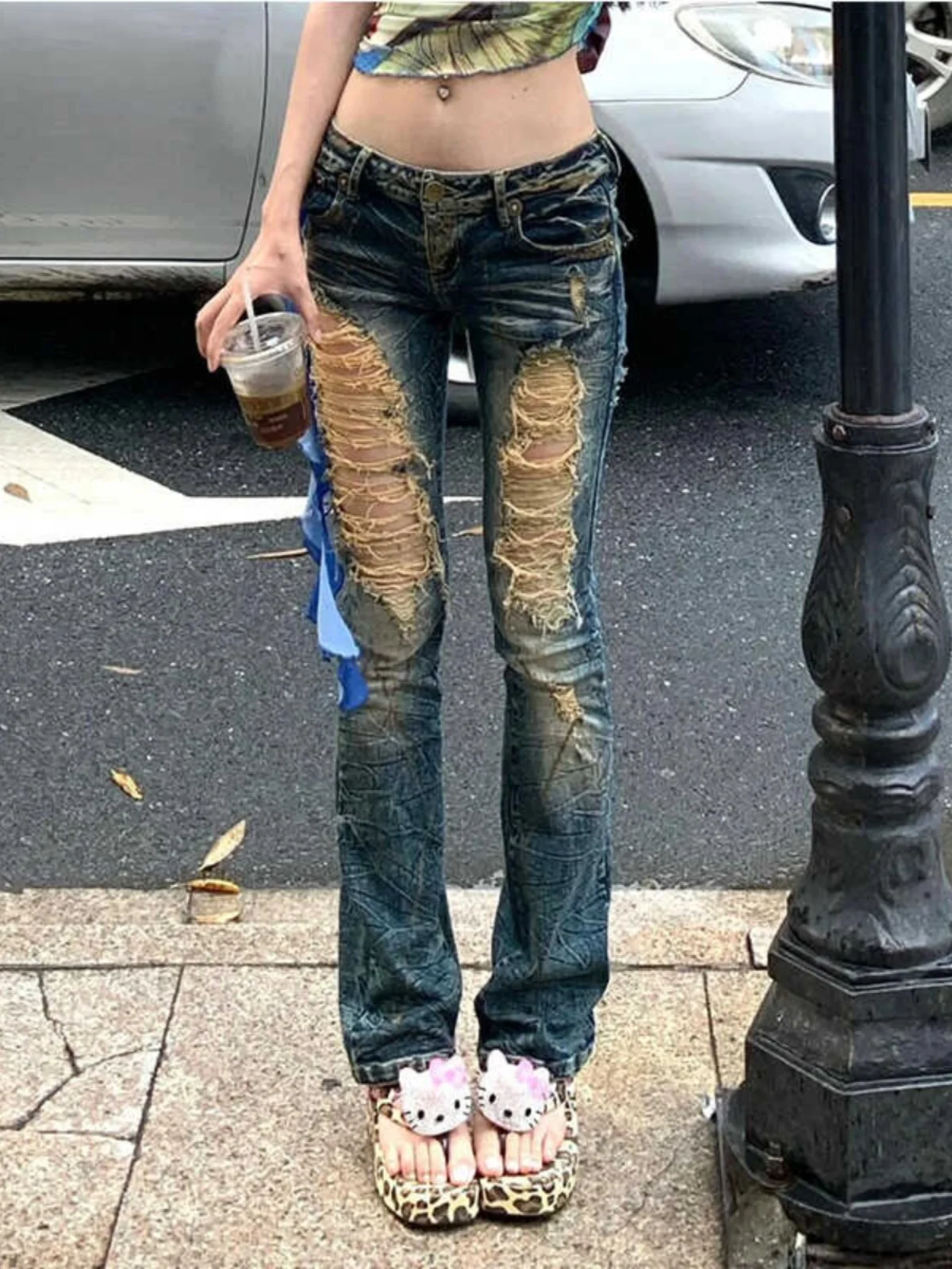 

Retro American Hole Punching Slim Straight Jeans Women's Autumn Winter Hot Girl Low Waist Faion High Dra Micro Flare Pants