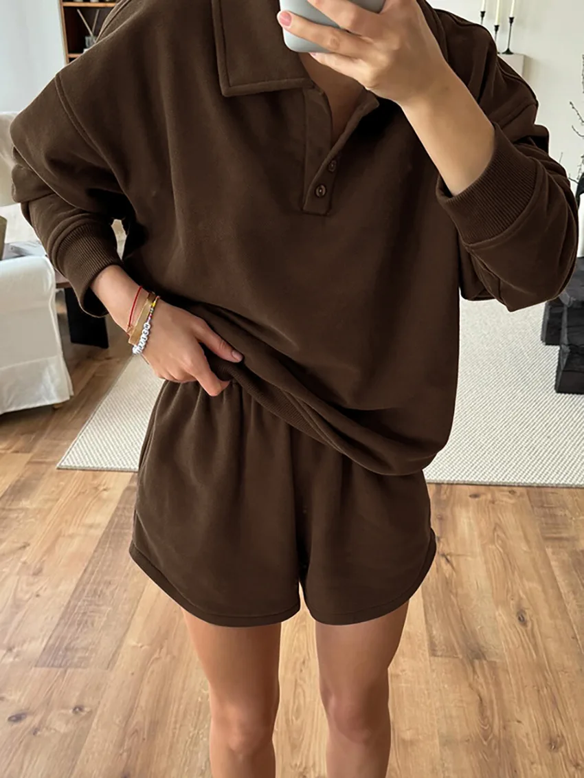 2024 New Solid Color Vintage Shorts Sets Autumn Long Sleeve Button Sweatshirts+Shorts Women Casual Fashion Sport Two-piece Set