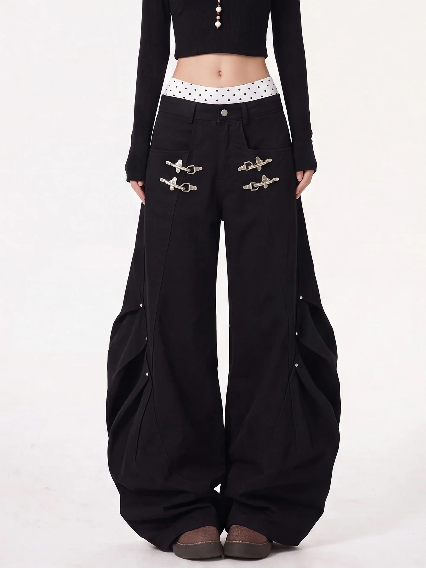 Dark Style Pleated Wide Leg Workwear Pants Women's Black Knife  Pants Metal Buckle Decorative Street Fashion Casual Pants