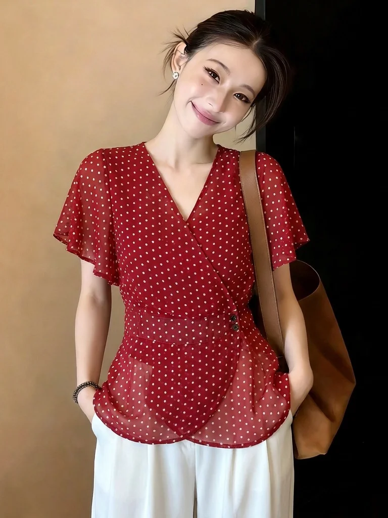 

Red Polka Dot V-Neck Chiffon Shirt Women's Summer New plus Size Slimming Top Waist-Cinching Trendy Small Shirt Commute Style